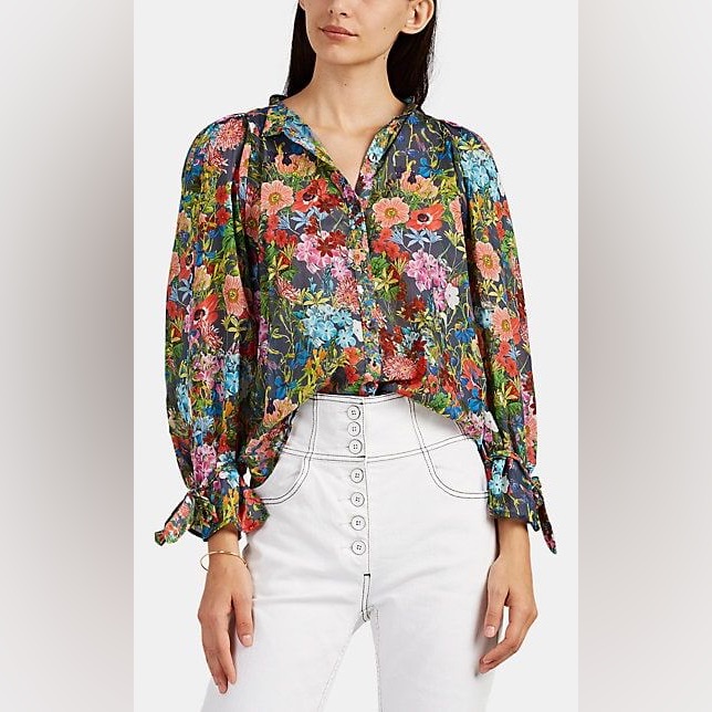 Warm Francesca Floral Cotton Button Tie Sleeve Boho Spring Blouse Size 0